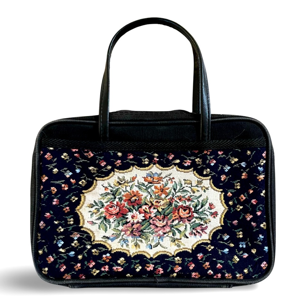 Vintage Tapestry Handbag Purse Black with Floral Design